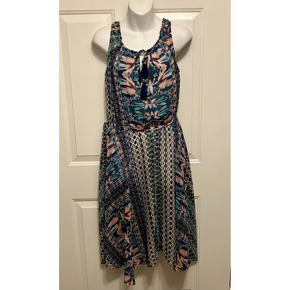 Nanette Lepore Dress Size 8 Sleeveless Floral Tassel Tie Blue Green Peach